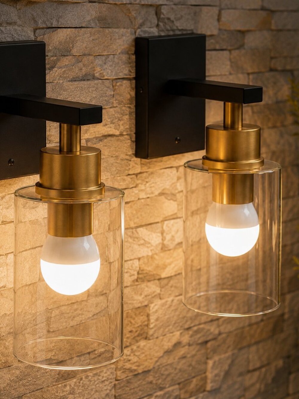 2 Rechargeable Wireless Wall Sconces Black Gold Glass Shade 12 Color Lights